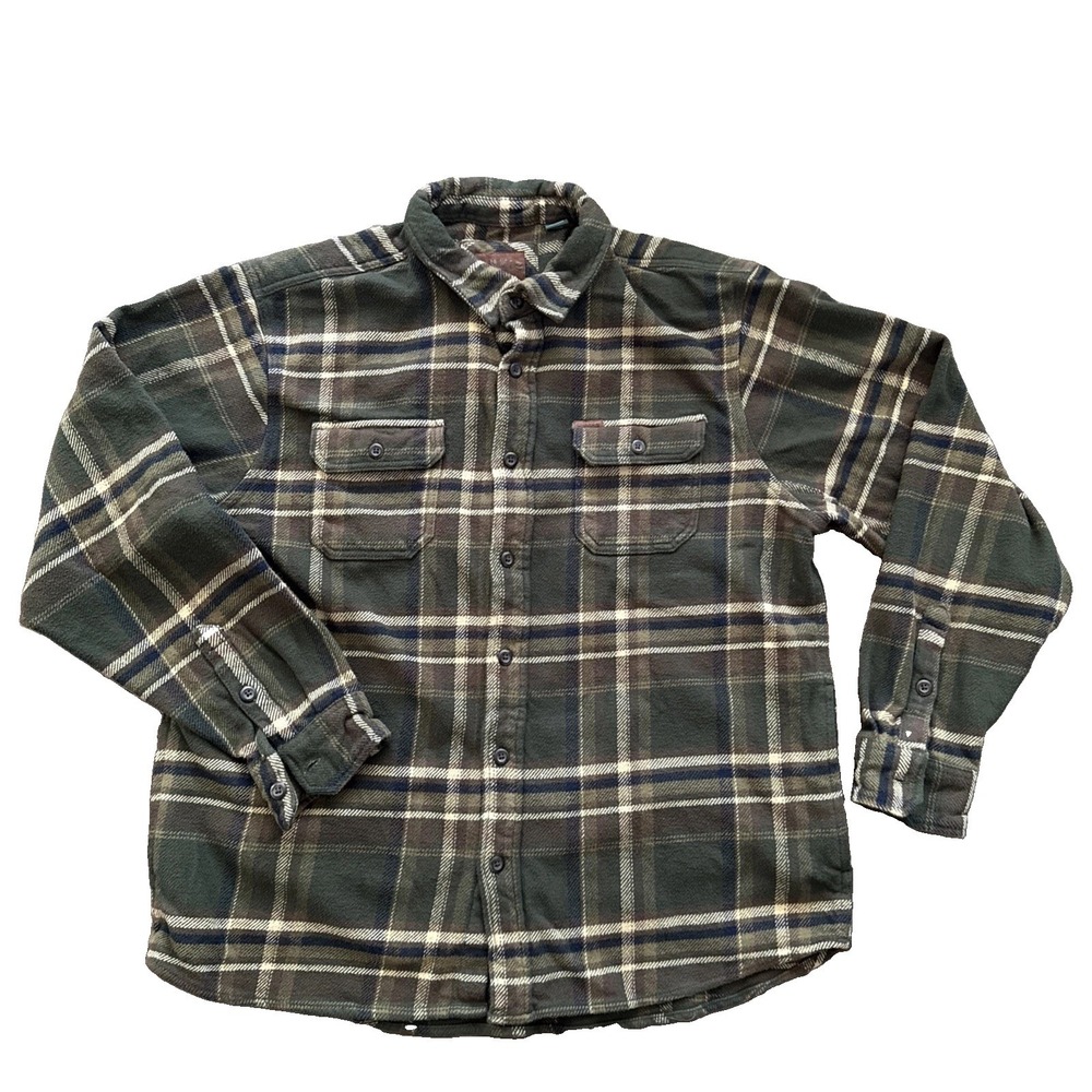 Orvis Big Bear Flannel Shirt Men XL Heavyweight Green Plaid Cotton Button Up